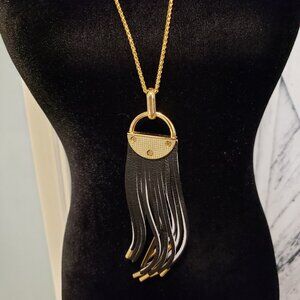 Reversible Long Leather Black & White Fringe Necklace